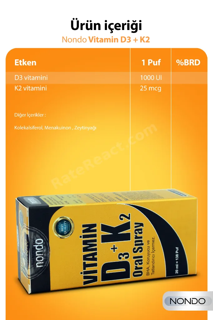 Vitamin D3 K2 İkisi Bir Arada Sprey 20 ml 138 Puf