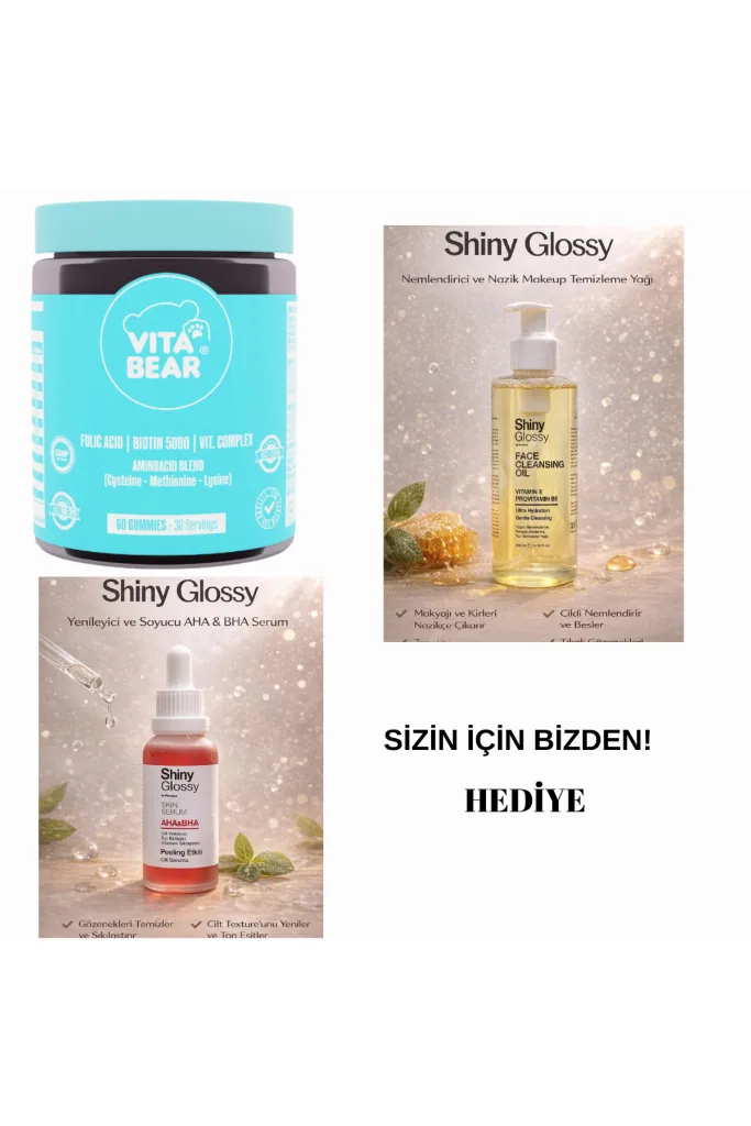 Vitabear Saç Vitamini 60 Adet +Yüz Temizleme Yağı 200 ml (AHA BHA Peeling Etkili Cilt Serumu 30 m)