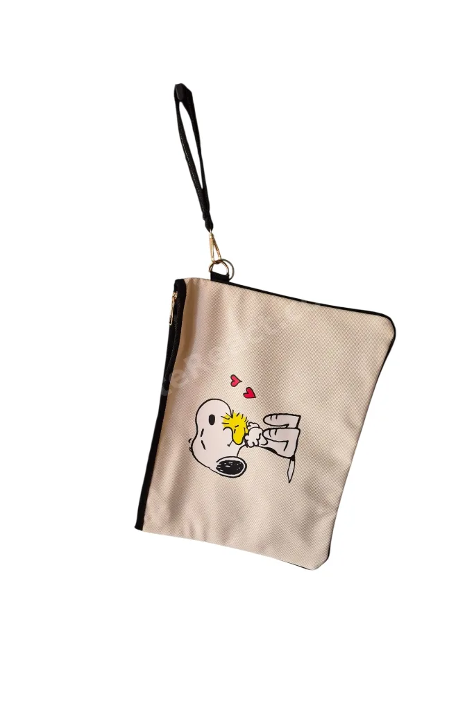 Suni Deri Snoopy Desen Portföy Clutch Tablet Kılıfı Çanta