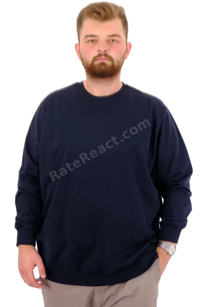Mode XL Büyük Beden Erkek Basic Sweatshirt Bisiklet Yaka Recycle B24529 Lacivert