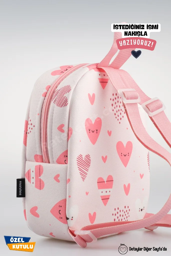 Mini Aşk Kalpleri – Pembe Kalpli Anaokulu Kreş Çocuk Çantası Kişiye Özel Nakışlı