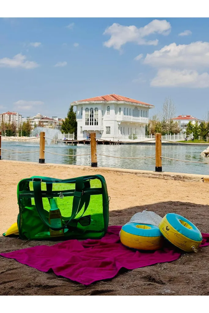 Neon Suni Deri & Renkli Şeffaf PVC Yıkanabilir Islak ve Kumlu Eşya Cebi Olan Plaj Çantası