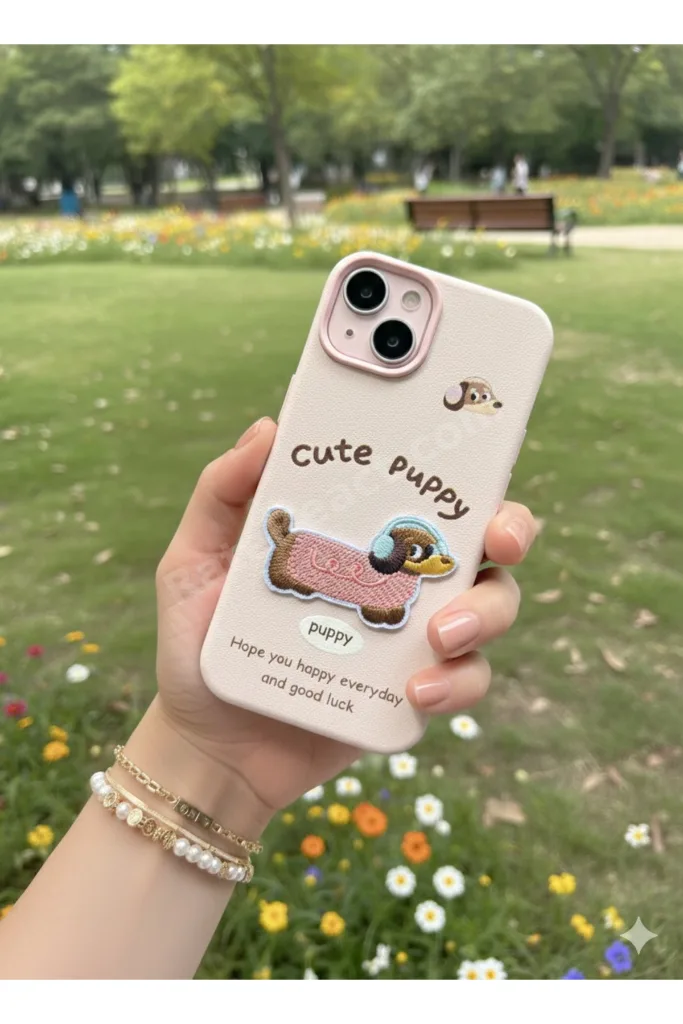 iPhone 13-14-15 Kılıf Sevimli Puppy Nakışlı Deri Görünümlü Esnek, Şık ve Koruyucu Telefon Kılıfı