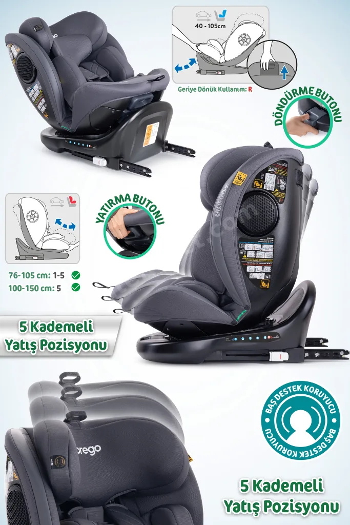 Odinfix Alarmlı 360 Derece Dönebilen -0-36 Kg -İ-Size Belgeli - Top Tetherlı Oto Koltuğu