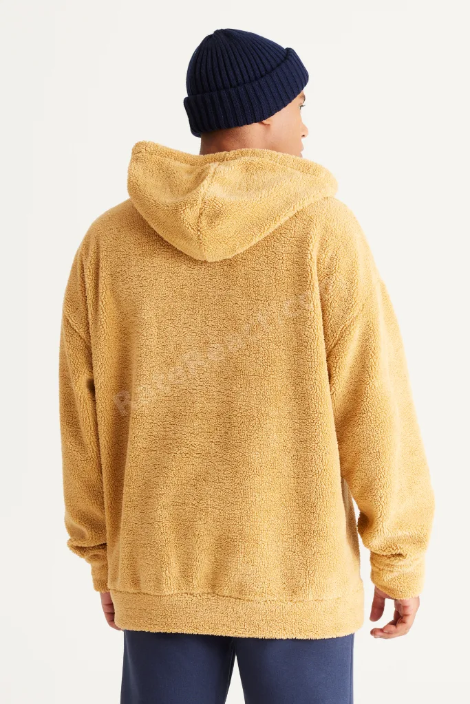 Erkek Hardal Oversize Bol Kesim Kapüşonlu Sherpa Sweatshirt Polar