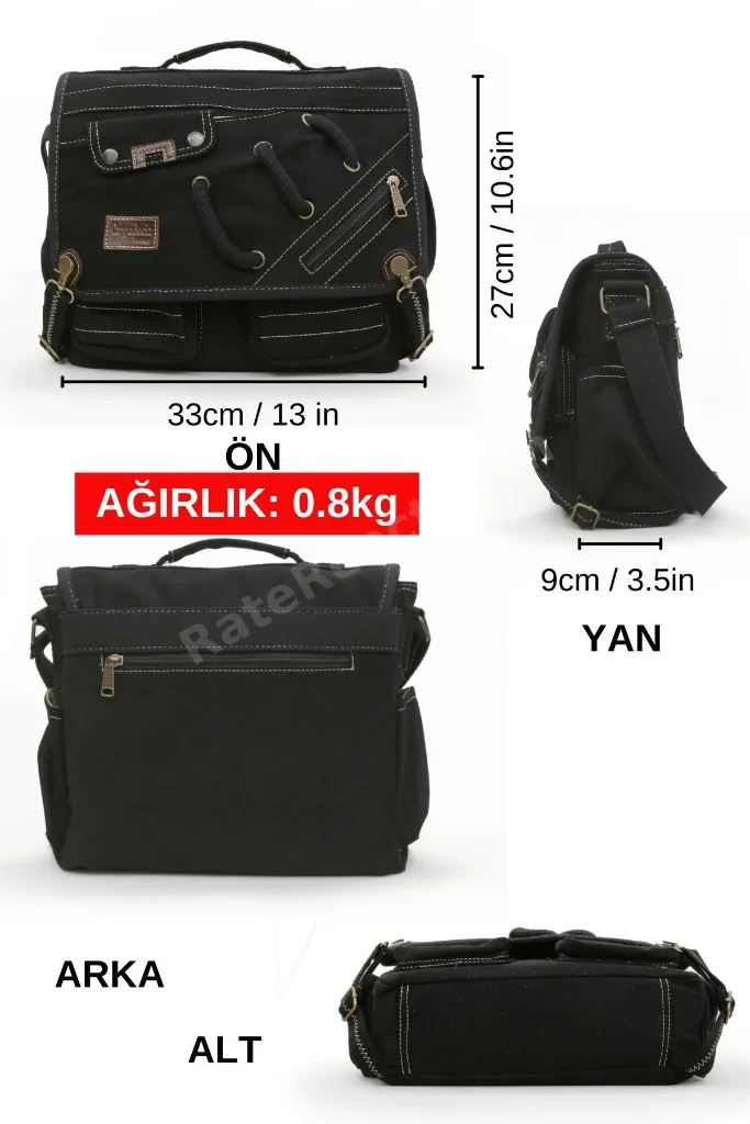 4017 Siyah 14" Laptop Pamuk Gabardin Postacı Okul Çantası Unisex Kilitli Çok Cepli Omuz Askılı