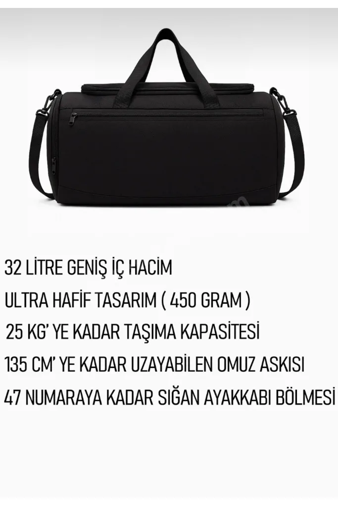 Siyah Önü Cepli Ayakkabı Bölmeli Geniş Bavul Seyahat Fitness El Ve Omuz Çantası(İMPERTEXS KUMAŞ)
