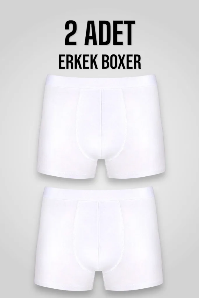 Erkek 2'li Pamuklu Likralı Esnek Kumaş Beyaz Boxer