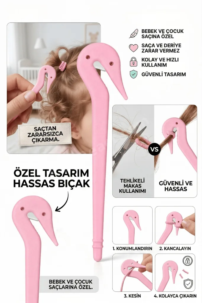 TRKPlastik Çocuk Saç Lastiği Kesici Acısız Toka Çıkarma Aparatı (1 ADET)