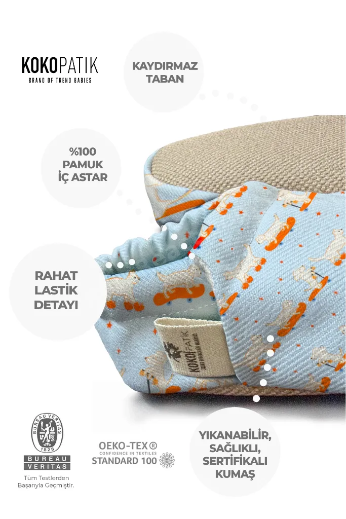 Hareketli Dostlar Desen Patik-Organik Pamuk Bebek Patiği, Kaydırmaz Taban, Yenidoğan Patik