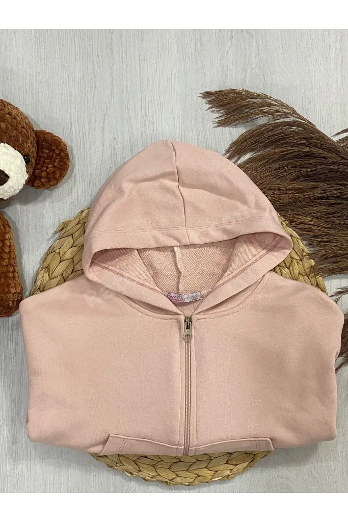 Kapüşonlu Toz Pembe Kız Çocuk Crop Hırka