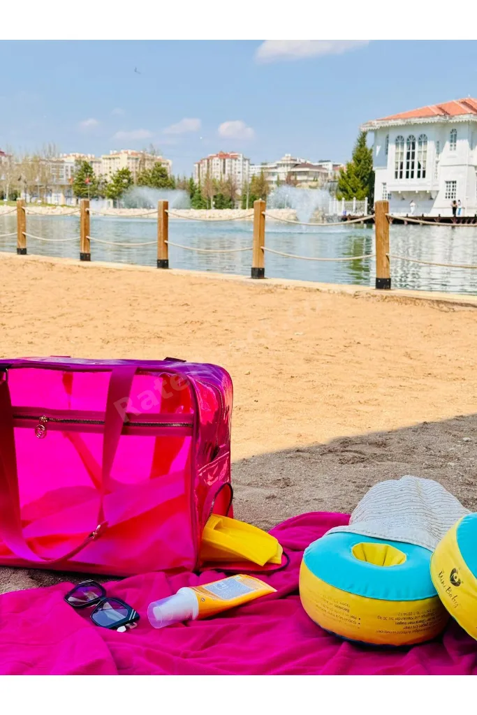 Neon Suni Deri & Renkli Şeffaf PVC Yıkanabilir Islak ve Kumlu Eşya Cebi Olan Plaj Çantası