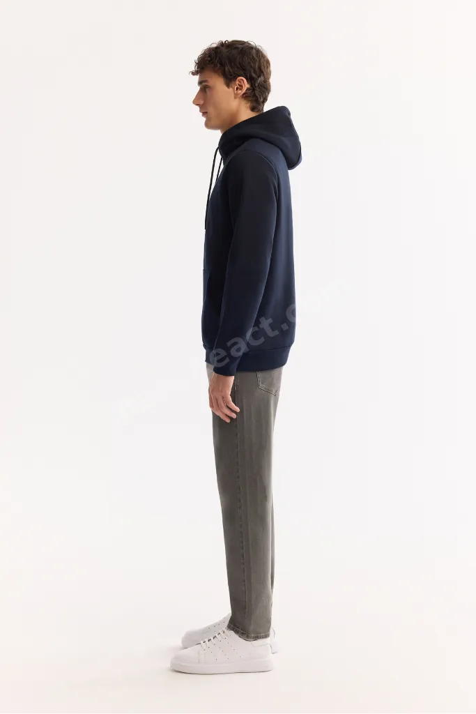 Erkek Lacivert Şardonlu Kumaş Bisiklet Yaka Basic Sweatshirt E001018
