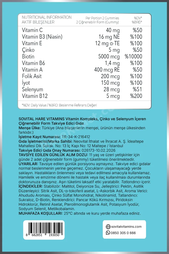Hair Biotin 5000 mcg Ahududu Aromalı Şekersiz Çiğnenebilir Saç Vitamini 60 Gummy