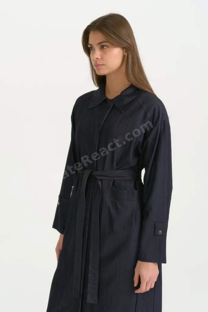 Kumaş Mixli Kuşaklı Rayon Kap - İndigo