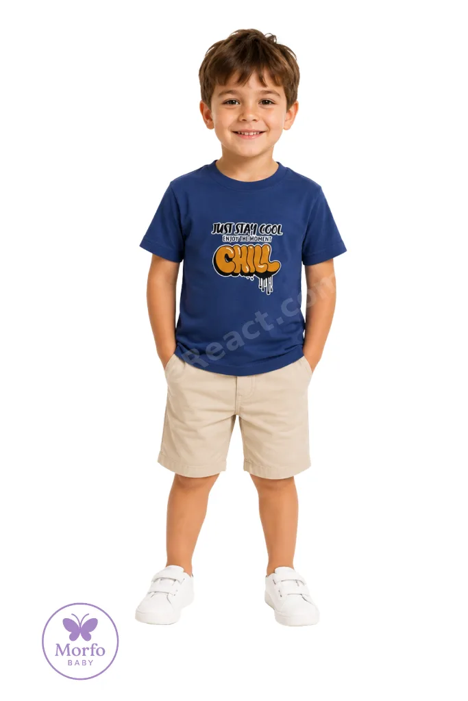 Erkek Çocuk Saks Mavi Just Stay Cool Baskılı Bisiklet Yaka T-shirt