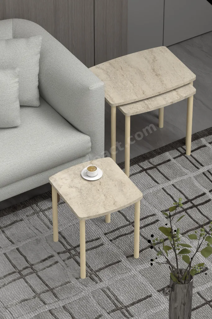 Traverten Geniş Yüzeyli Modern 3lü Zigon Zehpası Servis Sehpası Çay Sehbası