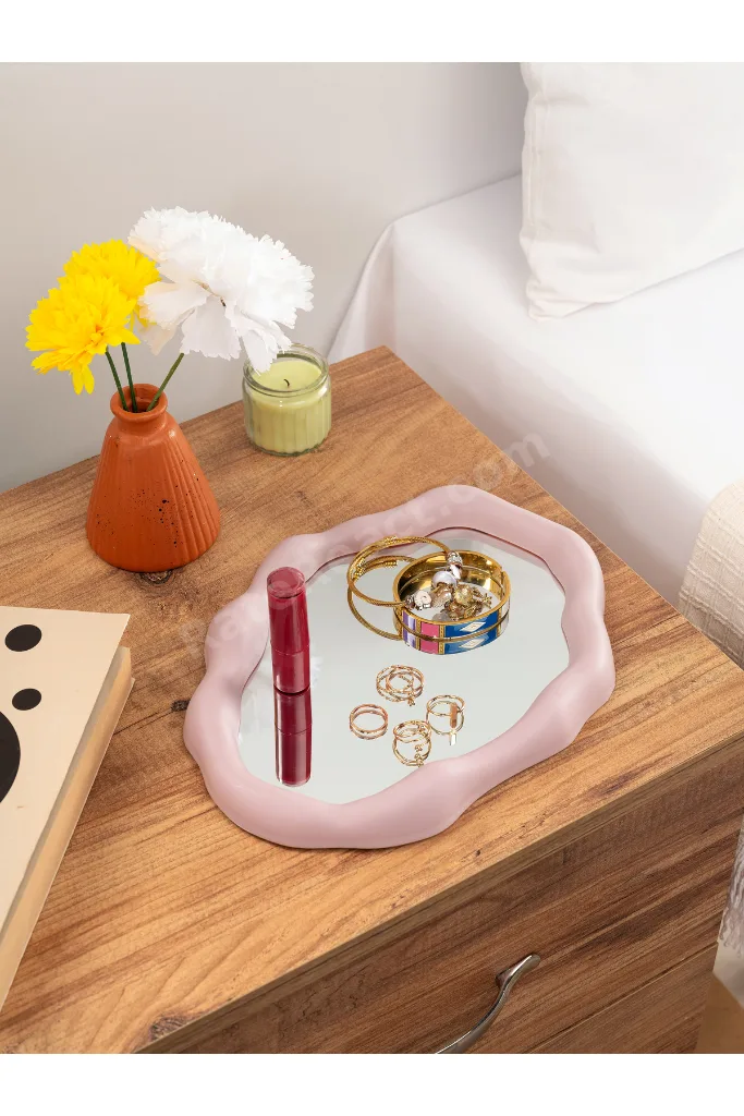 Modern bulut formlu makyaj aynası , takı tabağı , duvar aynası mat pembe renk