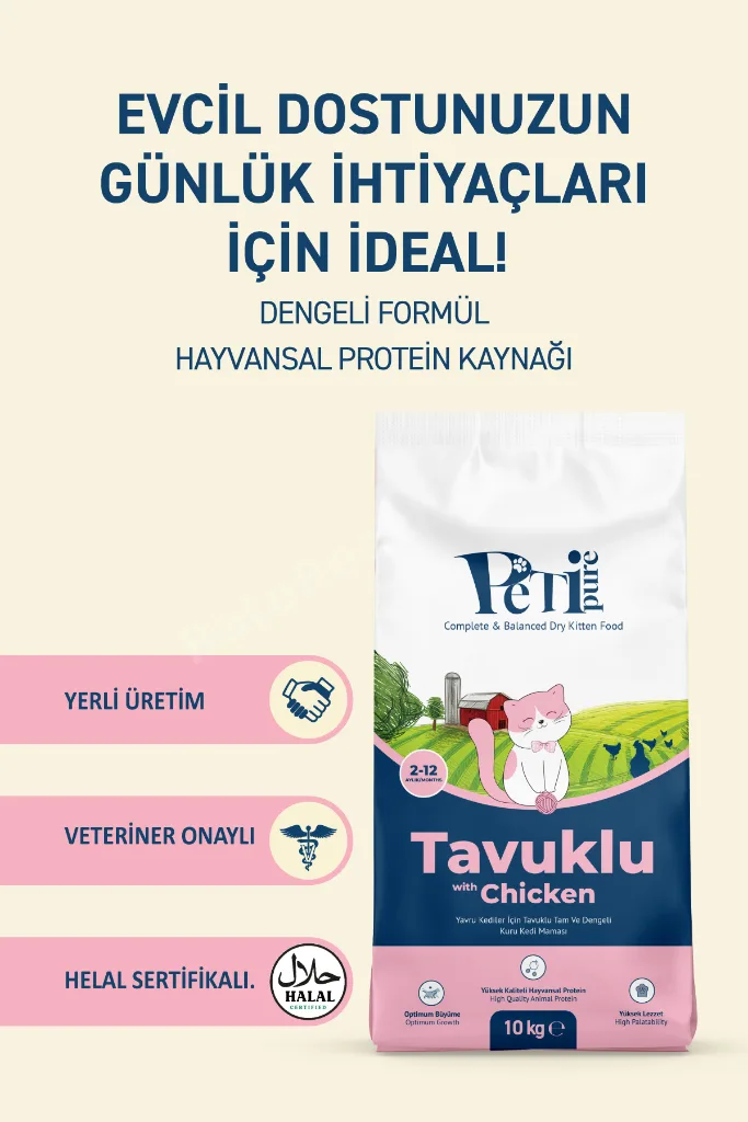 Tavuklu Kuru Yavru Kedi Maması 10 Kg - Besleyici Vitamin İlaveli Tam ve Dengeli Mama
