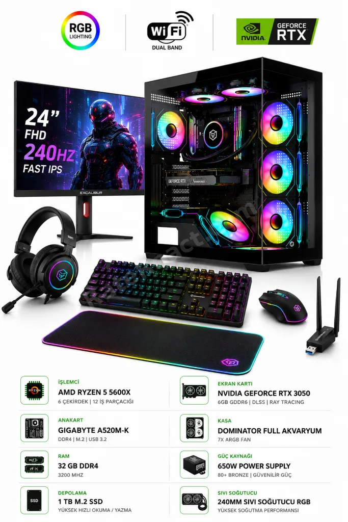 START X1 RYZEN 5 5500 16 GB RAM 512 GB M2 SSD RTX 3050 24" 240 HZ ARGB ISLEMCI SOGUTMA W11 OYUNCU BİLGİSAYARI SET