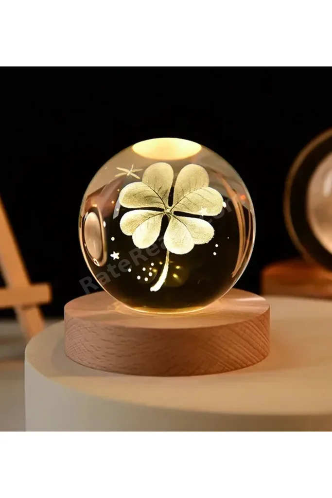 3D Kristal Top Yonca Model Ahşap Standlı Usb Kablolu