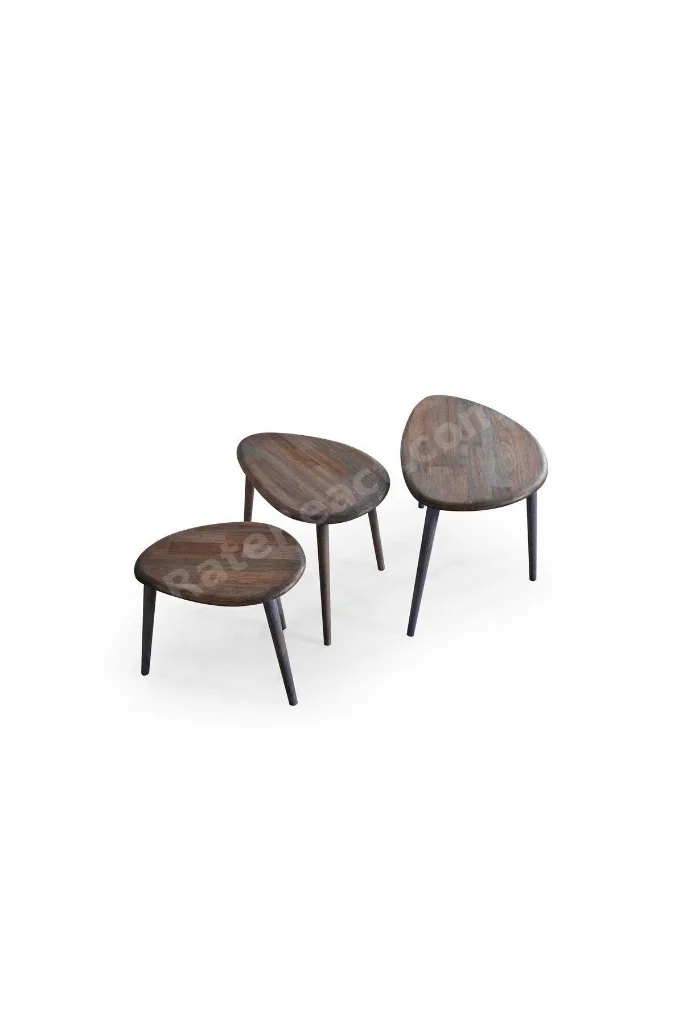 Masif Doğal Ahşap Zigon Sehpa 3'lü Set, Modern Masif Yan Sehpa
