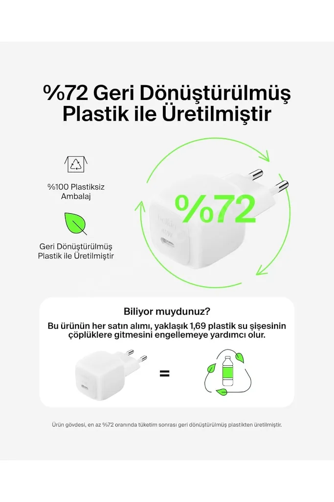 Kompakt 45 W USB-C Güç İletimli Hızlı Şarj Aleti, Beyaz
