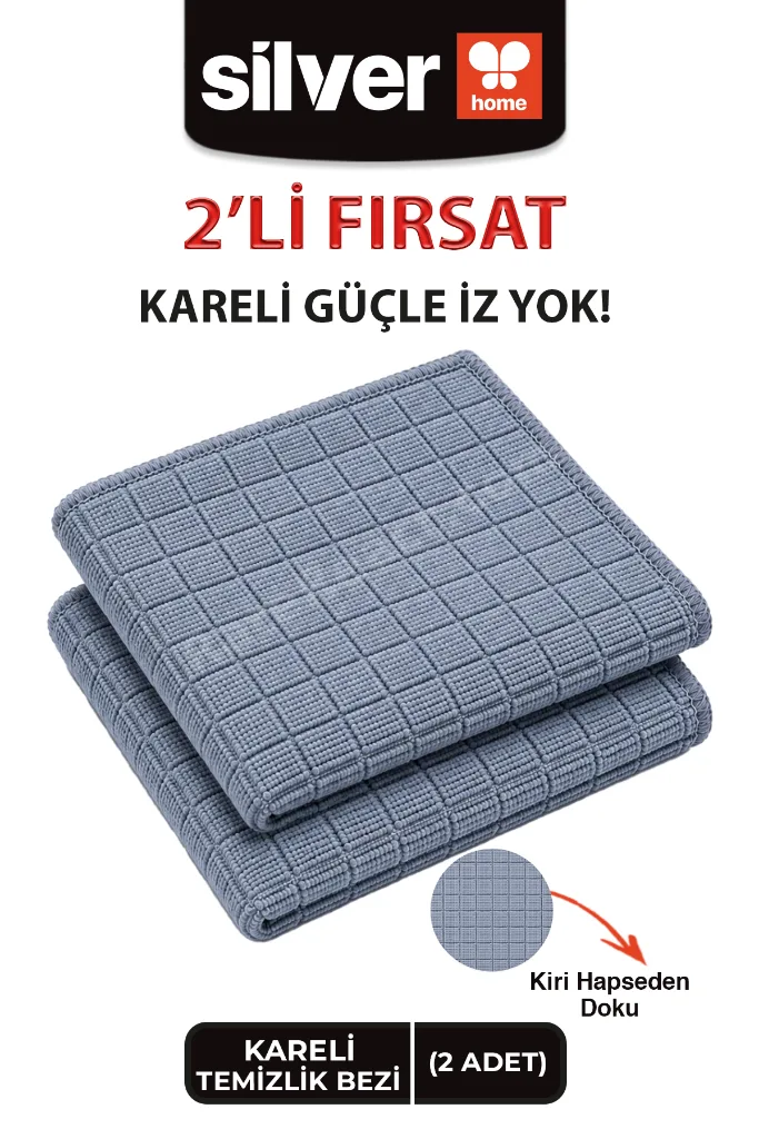 Universal Kareli Mutfak Bezi Mikrofiber 2’li 40x40 Cm Süper Emici Çok Amaçlı Gri