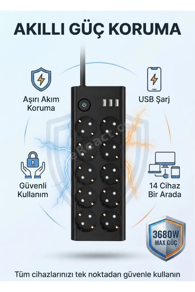 10'lu 2MT Uzatma Kablolu Çoklu Priz Akım Korumalı Grup Uzatma Priz 3X USB 1X Type-C Çıkışlı Priz