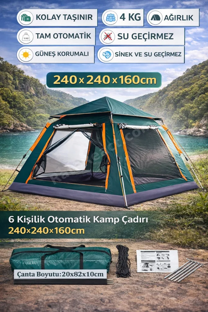 6 Kişilik Tam Otomatik Kamp Çadırı 240x240x160 cm Su Geçirmez , Gölgelikli Kolay Kurulum Çadır