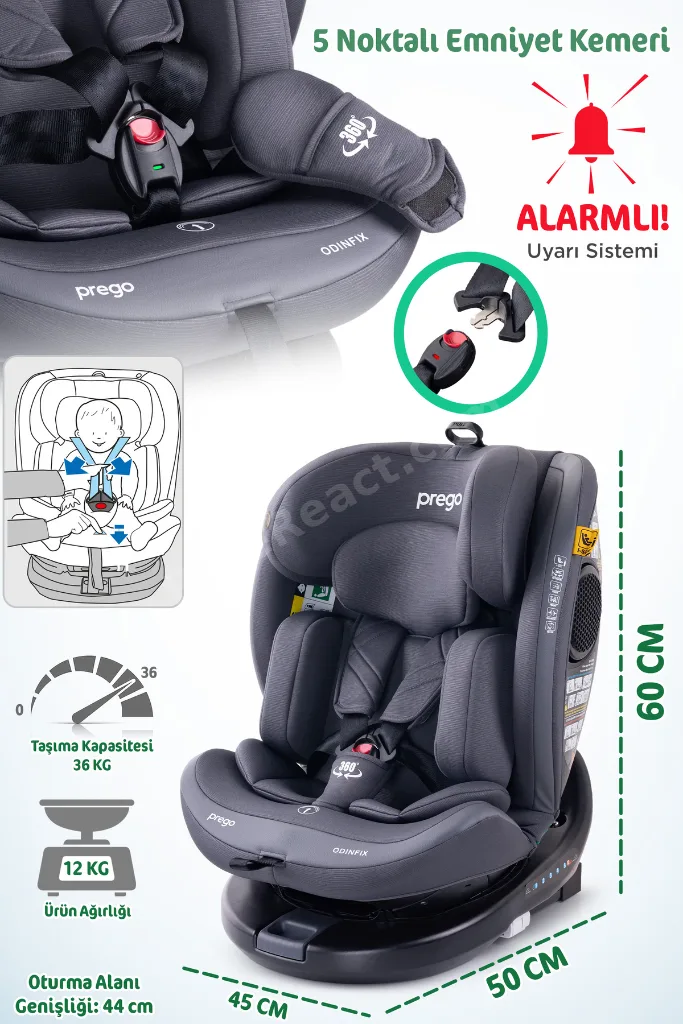 Odinfix Alarmlı 360 Derece Dönebilen -0-36 Kg -İ-Size Belgeli - Top Tetherlı Oto Koltuğu