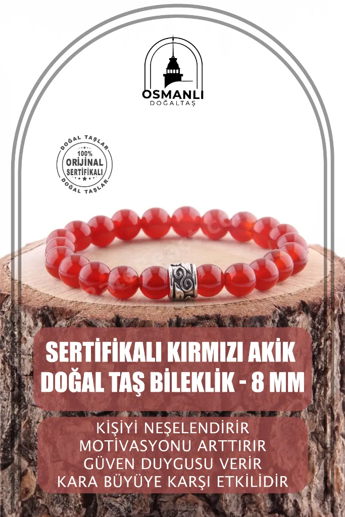 Orijinal & Sertifikalı Kırmızı Akik Gerçek Doğal Taş Kutulu El Yapımı Kadın Bileklik 8 mm