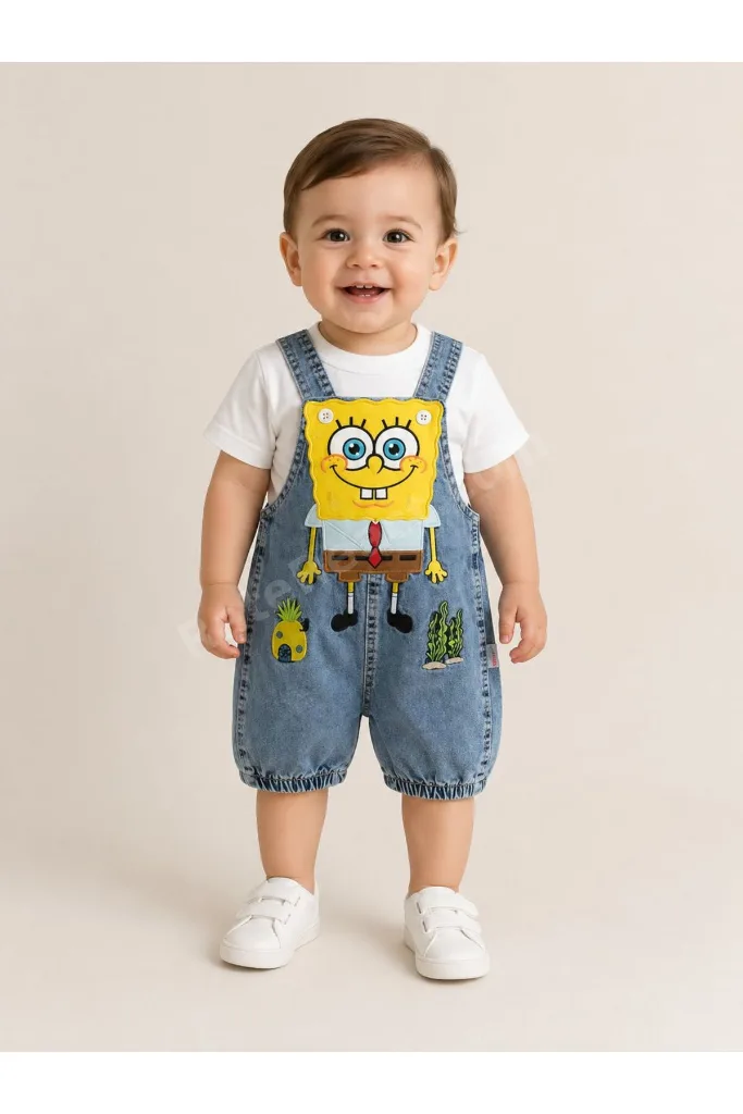 Unisex Bebek Kot Salopet Takımı Sünger Bob Nakışlı Tişörtlü 2 li Yazlık Takım | 6-9-12-18 Ay