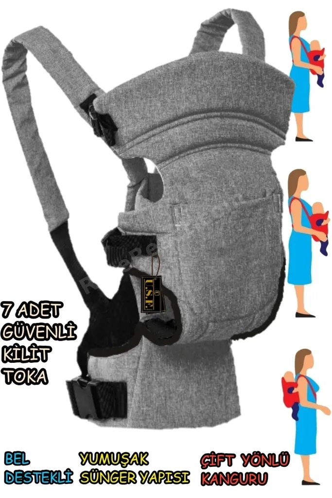 Çift Yönlü Bebek Taşıma Kangurusu Bel Destekli Ergonomik Lüx Bebek Taşıyıcı Kanguru Gri