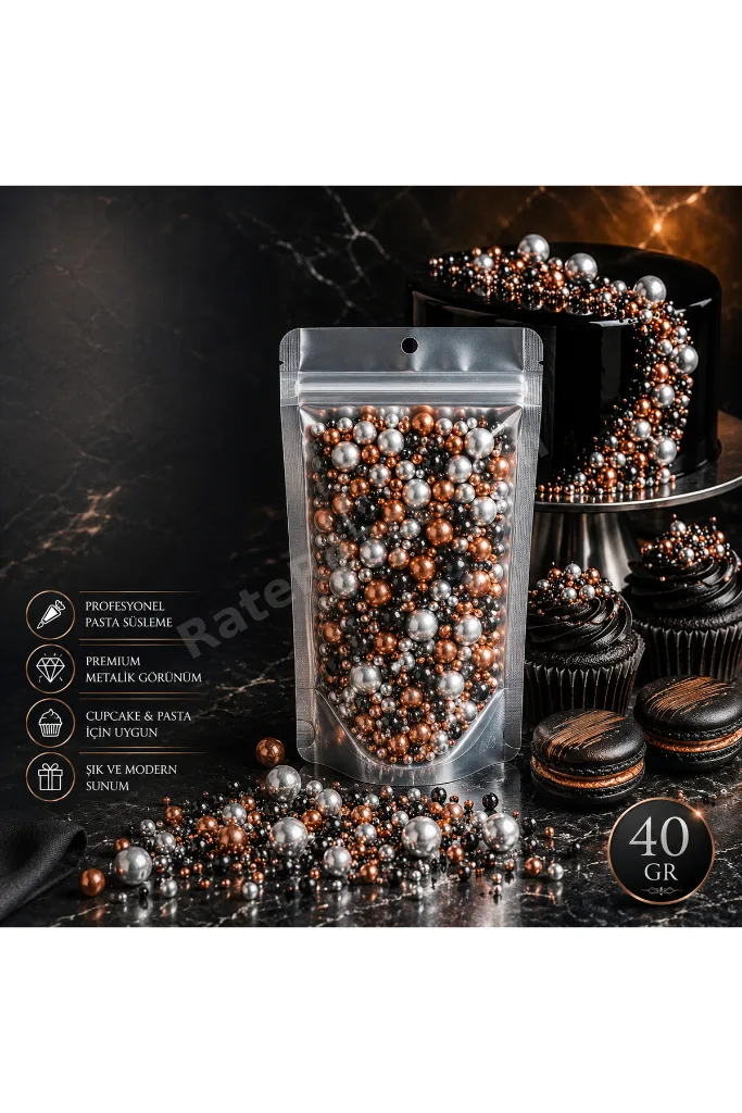 ŞEKERS Silver Noir Luxury Metallic Mix Dekoratif Boncuk Şeker 40gr