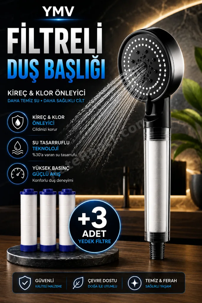 5 Fonksiyonlu Filtreli Duş Başlığı | 3 Yedek Filtreli Yüksek Basınçlı Kireç ve Klor Önleyici Banyo Duşu