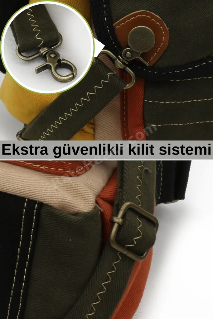 4017 Haki Krem 14" Laptop Pamuk Gabardin Postacı Okul Çantası Unisex Kilitli Çok Cepli Omuz Askılı