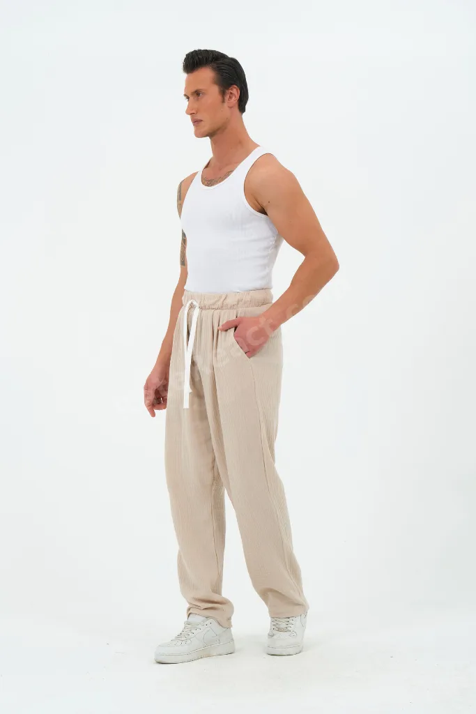 %100 Pamuk Müslin Kumaş Yazlık Baggy Bol Paça Bej Pantolon