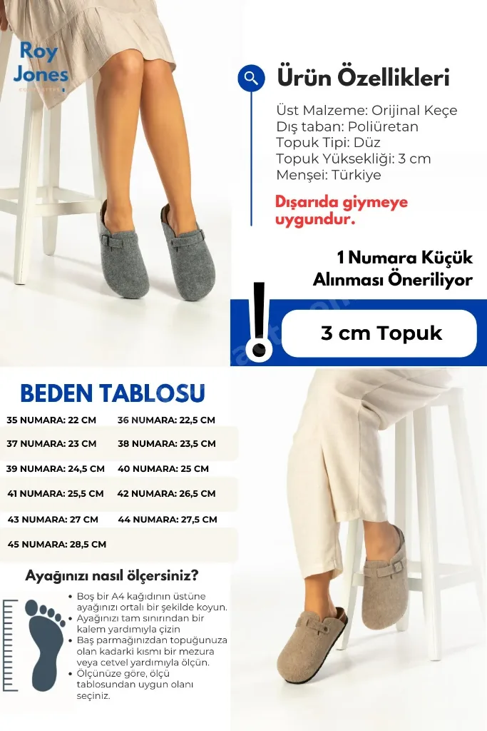 Royjones Terlik Modelleri Kadın Erkek Unisex Günlük Yün Keçe Ev Terlik 7004