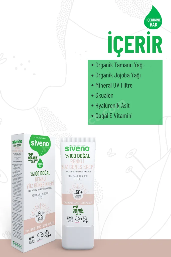 %100 Doğal Yüz Güneş Kremi Renkli Ton Eşitleyici Leke Karşıtı SPF 50+ UVA UVB 30 ml