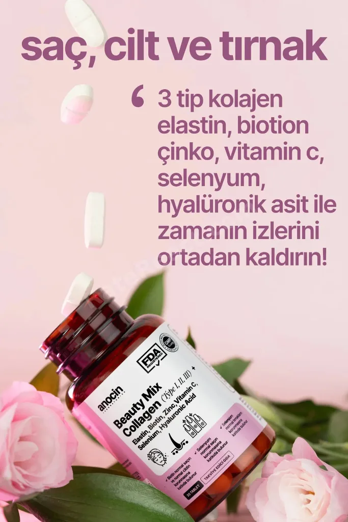 BEAUTY MİX COLLAGEN TİP I,II,III +ELASTİN,BİOTİN,ZİNC, VİTAMİN C, SELENYUM, HYALURONİC ACİD, KOLAJEN