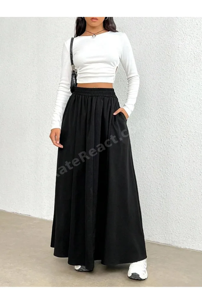 Kadın Cepli Beli Lastikli Poplin Kumaş Kloş Etek Boy 90 CM