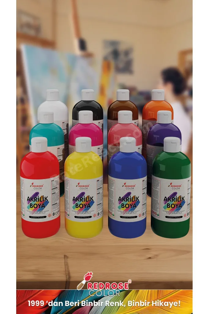 Tüm Renkler Akrilik Boya Seti, 12'li Set 12x500gr Dekoratif Hobi Amaçlı Sanatsal Canlı Renkler