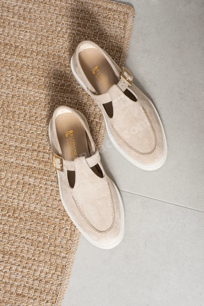 Kadın Bej Süet Loafer Ayakkabı Elite Comfort Makosen Rahat Günlük Ofis Casual Saraç Detay Tokalı