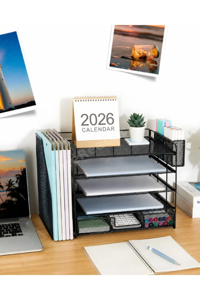 Siyah Metal Mesh 4 Katlı Masaüstü Organizer Dosyalık Çekmeceli Kalemlikli 34.5x22x30 cm 9209