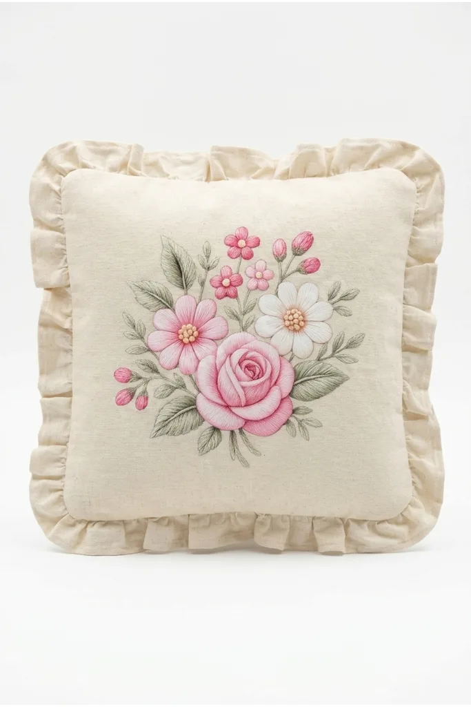 4'lü Fırfırlı Çiçek Desenli Dekoratif Kırlent Kılıfı %100 Pamuk Organik Boya Baskılı 45x45 cm