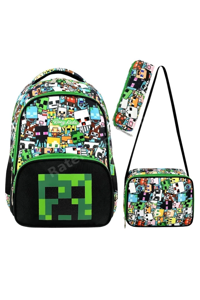 Mine Creeper 3'lü Set Ilkokul Çantası, Termal Beslenme Çantası Ve Kalem Kutusu Seti