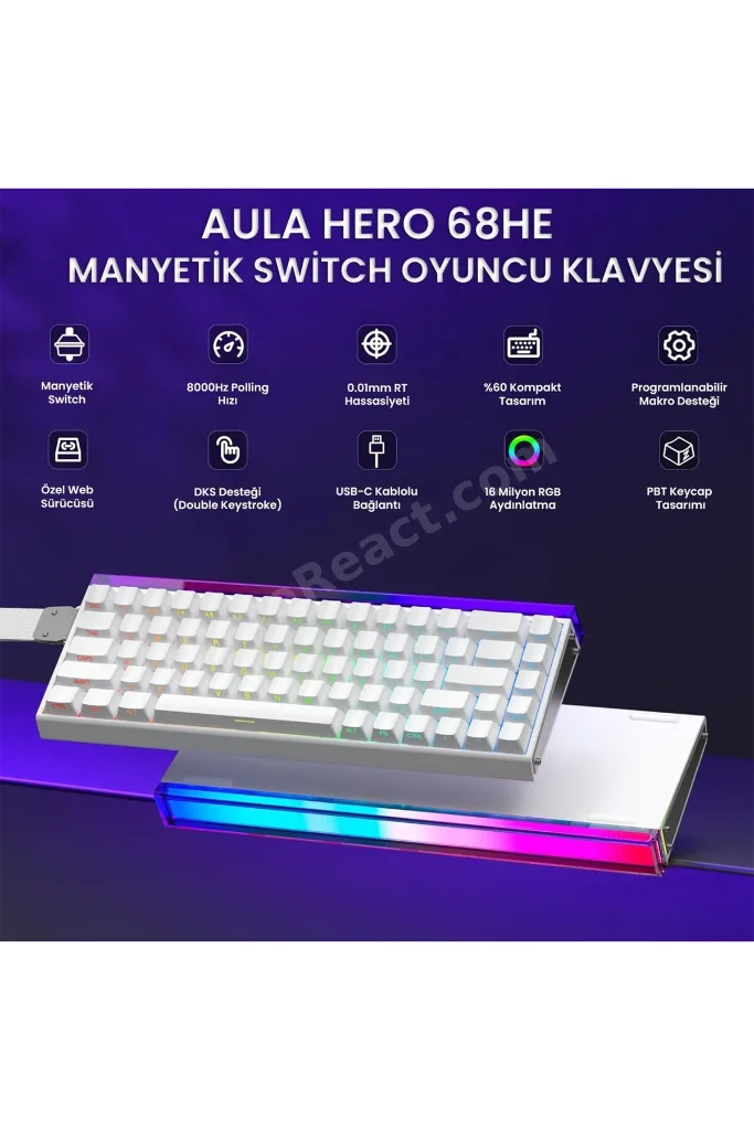 Hero 68 HE Manyetik Klavye Rapid Trigger Meteor Switch 8000Hz RGB Neon TKL Hot Swap Oyuncu Klav