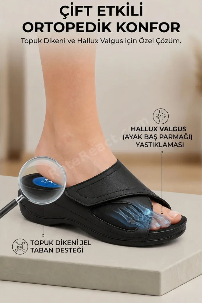 Siyah Topuk Dikeni Destekli Jel Tabanlı Hallux Valgus Uyumlu Anatomik Günlük Kadın Terlik