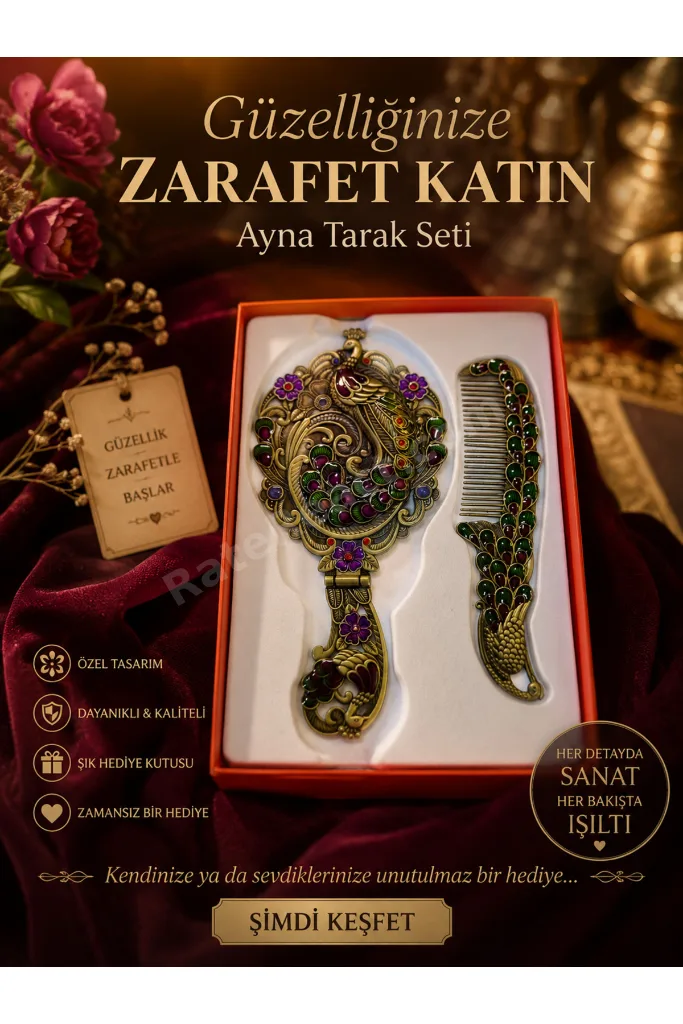Vintage Tavus Kuşu Desenli Ayna & Tarak Seti – Dekoratif Hediyelik Kadın Bakım Seti